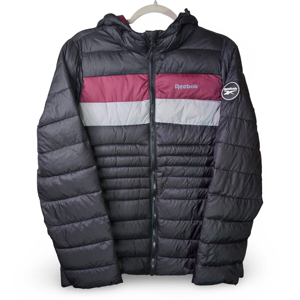 Reebok Glacier Shield Puffer Jacket Women Medium Black Burgundy OLRB816 NWT